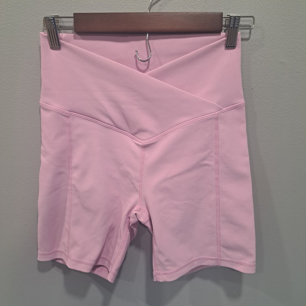 Wilo The Label Pink Crossover Ribbed Biker Shorts Medium Yoga Active Gym